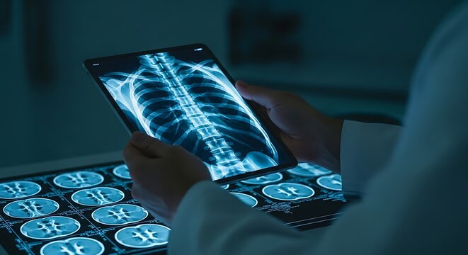 Dokter memeriksa hasil rontgen dada dan CT scan otak di tablet dan monitor layar terang