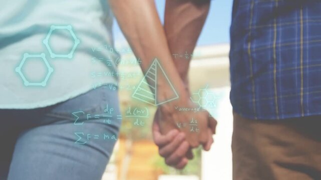 Couple holding hands walking, camera pulling back causing math overlays over hands, showing design