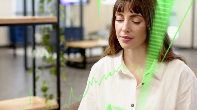 Woman working on laptop, green market charts overlaying screen, camera pulling back, tracking gains