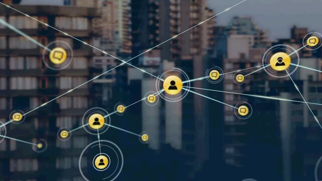 Pulsing marker creating node links and chat icons appearing over skyline network expanding for tech