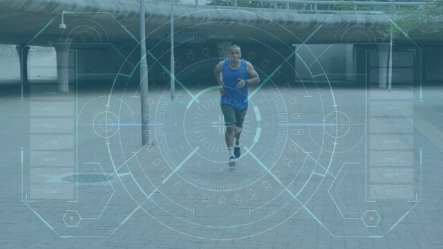 Man starting dash under overhang, running toward camera while HUD tracking prosthetic for sports