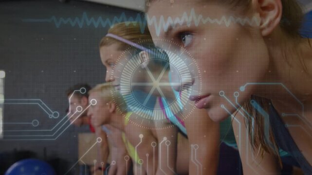 Woman leaning right, starting set and driving animated dial, ECG and circuit lines for training