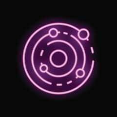 Bright purple neon solar system icon glowing on dark background