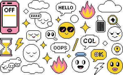 Fototapeta premium Cartoon faces with speech bubbles, emojis, and symbols on white background