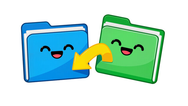 Blue and Green Folder Cartoon Characters Transferring Data with Arrow