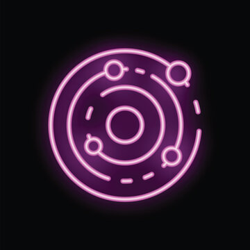 Bright purple neon solar system icon glowing on dark background