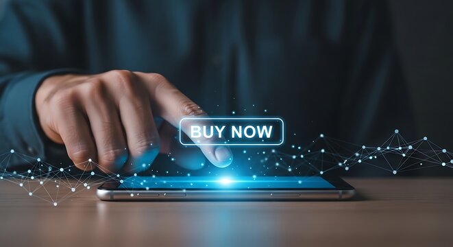 Jari menekan tombol "BUY NOW" di layar smartphone modern, konsep belanja online dan teknologi digital
