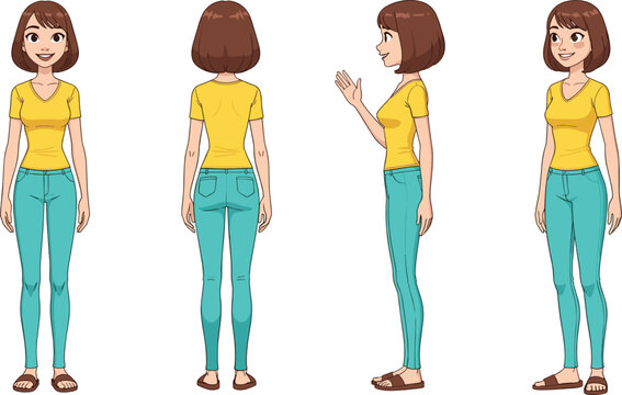 Female Character Turnaround Set Featuring Front Back and Side Views of Casual Woman for Animation and Illustration Design.