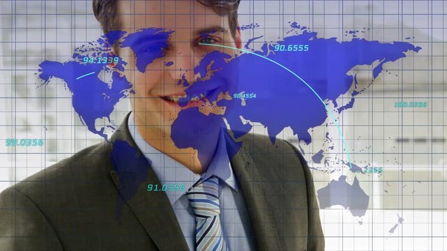 Businessman uncrossing as camera panning, leaning in, smiling, map overlaying torso linking regions