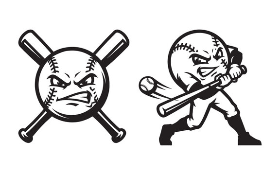 Angry Baseball Cartoon Mascot with Crossed Bats and Hitting Action Pose