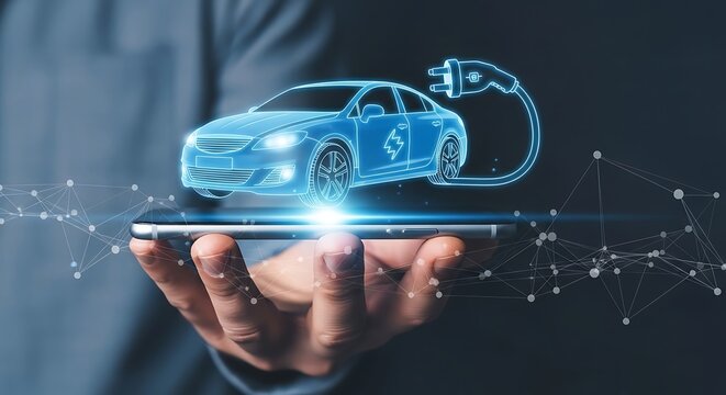 Konsep Mobil Listrik dan Pengisian Daya Teknologi Masa Depan Terhubung Melalui Smartphone