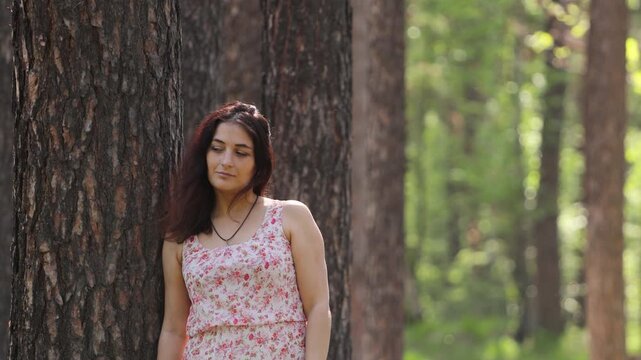 A young woman in a forest. A pretty woman rests in a forest, leaning against a pine tree trunk.
