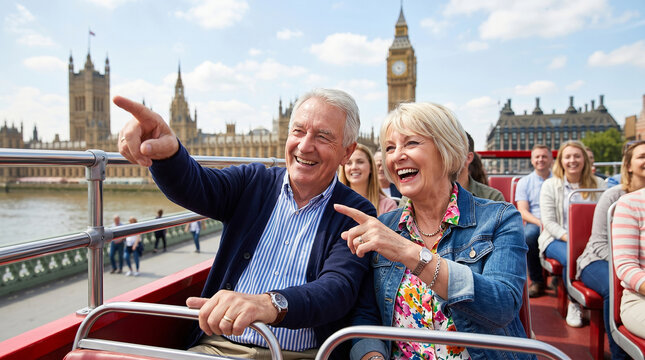 Senior couple on top roof sightseeing bus pointing at landmark