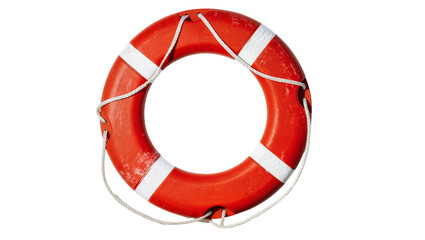 Red plastic life preserver with white rope and stripes © Antonio