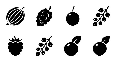 Minimalist berry icon set, black silhouette fruit vector collection, 8 organic berry symbols for food packaging and menu design © Ehsan