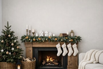Naklejka premium Cozy holiday livingroom fireplace with festive decor. Ai generative