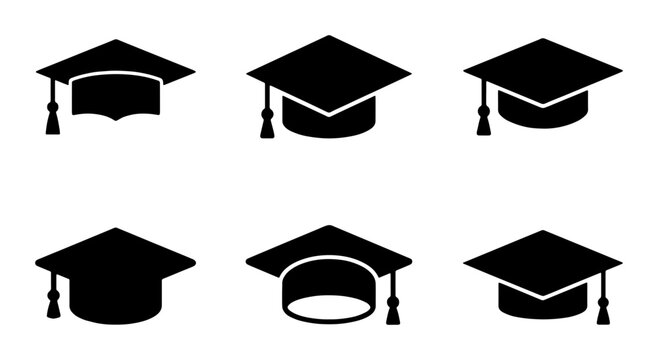 Graduation cap icons set, black academic mortarboard vector collection, 6 university student hat symbols, education and degree achievement signs