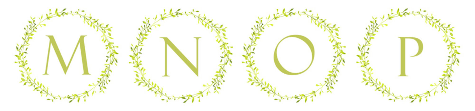 Watercolor green leaf wreath monogram set with letters M N O P, elegant botanical alphabet elements for wedding invitations, branding, logo design and decorative templates