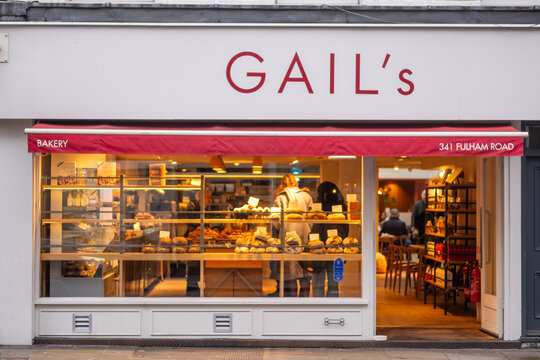 LONDON - Gail's Bakery storefront on Fulham Road with red awning and bread display