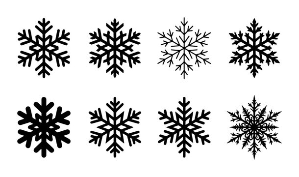 Minimalist black snowflake icons set, 8 geometric winter snow crystal vectors, flat silhouette frozen ice flake collection for holiday design