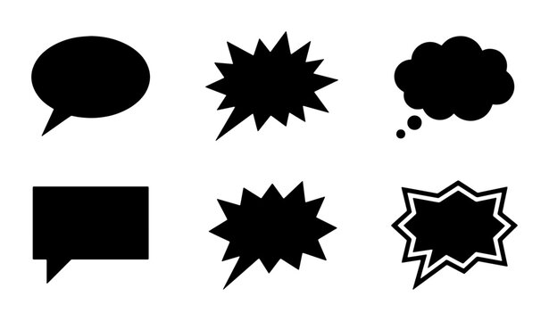 Comic speech bubble silhouettes, black talk cloud icons set, 6 vector chat balloons for pop art design, blank dialogue boxes for comic books