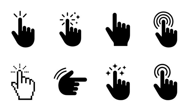 Minimalist hand cursor icon set, black click pointer vector collection, 8 digital touch and selection gestures for web interface design