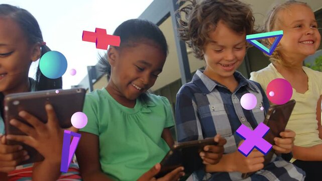 Students tapping tablets, comparing screens on step, camera panning, animating 3D shapes, education