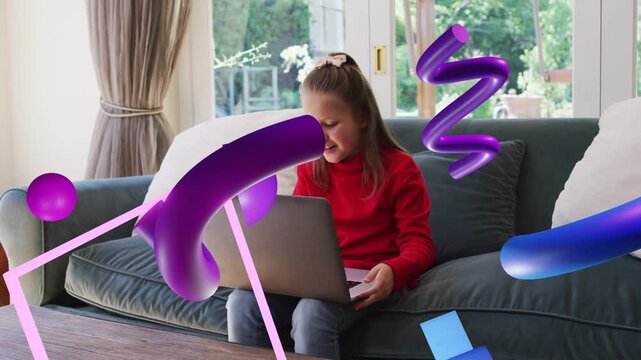 Child typing after glancing at screen for learning, 3D shapes partially occluding child and laptop