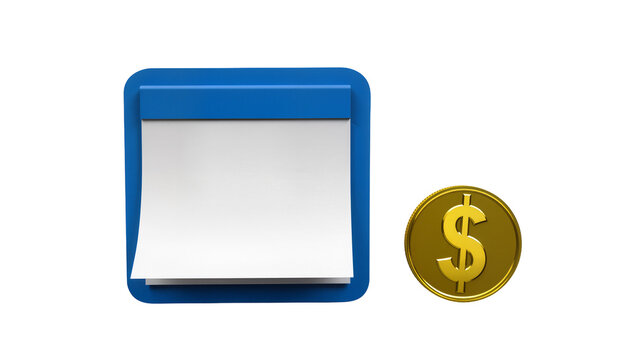 Blue binder clip with blank paper and golden dollar coin