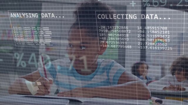 Student writing in class glancing up and activating HUD collecting or analysing data tracking progre