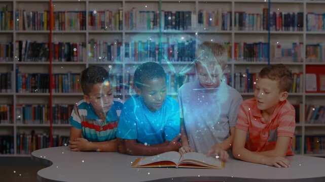 Vertical video: Reading 4 boys leaning at table in library, hologram rising over book to show story