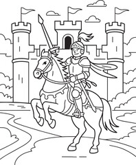 Naklejka premium Knight on horseback in front of a castle, coloring book page with black and white and armor in outline style