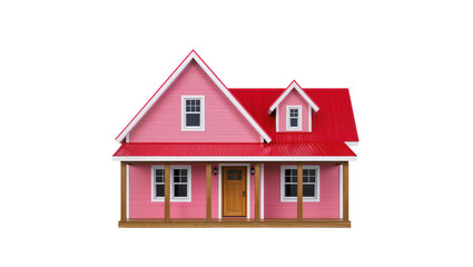 Pink two-story house with red roof and wooden door © Antonio