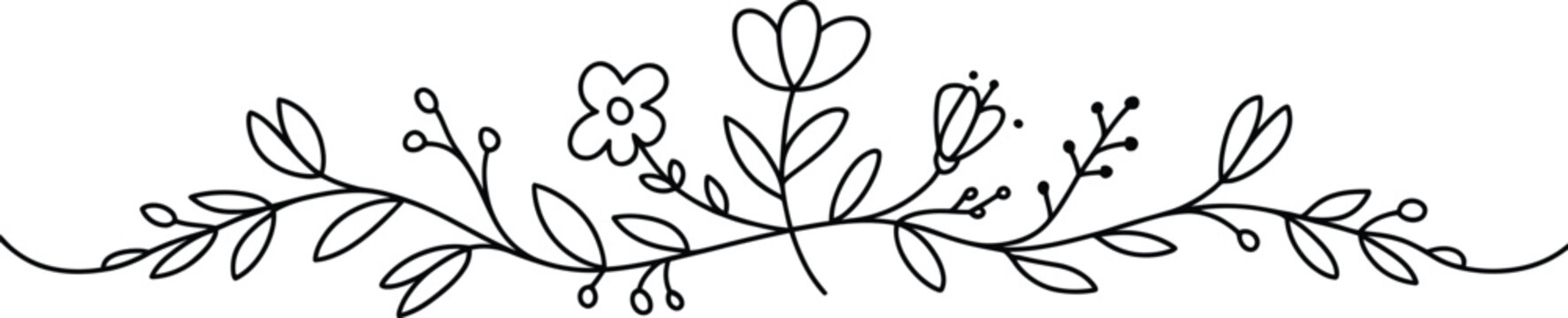 Black and white line of floral and leafy decorative border