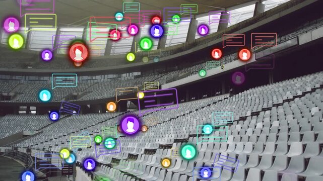 First floating avatar icons initiating spread, arcing across empty stadium, showing engagement