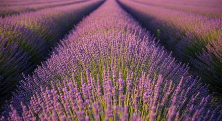 Naklejka premium Expansive purple lavender fields under the sun in Provence France, a fragrant natural landscape.