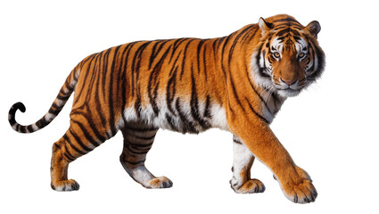 Obraz premium Orange striped Bengal tiger standing in profile with curled tail