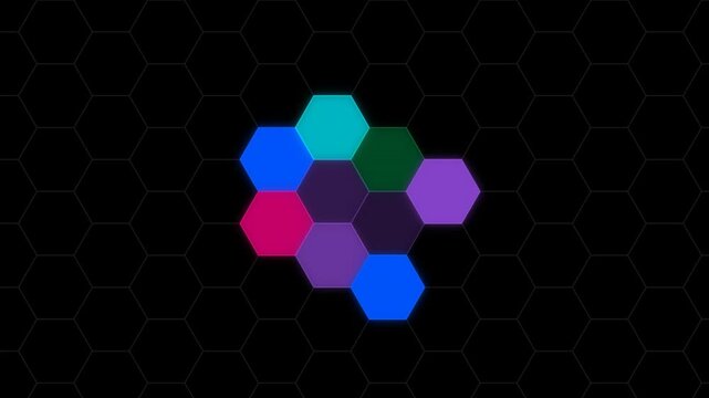 A colorful arrangement of hexagons on a dark background, creating a visually striking pattern