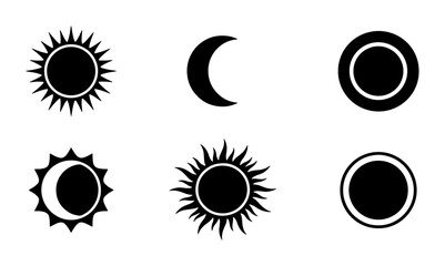 Celestial sun and moon icon set, black solar eclipse vector symbols, 6 mystical astronomical elements for astrology and tarot design © Sharmin