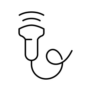 Ultrasound probe icon. Healthcare and diagnostic imaging line symbol. Black and white.
