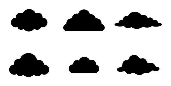 Minimalist black cloud silhouettes set, collection of 6 flat weather icons, simple dark cumulus cloud vector shapes for interface design