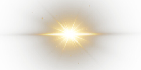 Abstract sunlight overlay with shimmering highlights and radiant rays. Golden glow effect with lens flares and magical energy on a transparent PNG background.  © Alesya