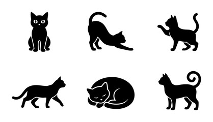 Black cat silhouette icons set, 6 vector feline animal poses, domestic kitten silhouettes in sitting stretching and sleeping positions © Mamunur
