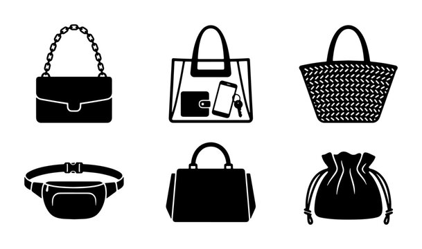 Fashion handbag icon set, black female purse vector silhouettes, collection of 6 lady bag styles including tote and clutch for retail design