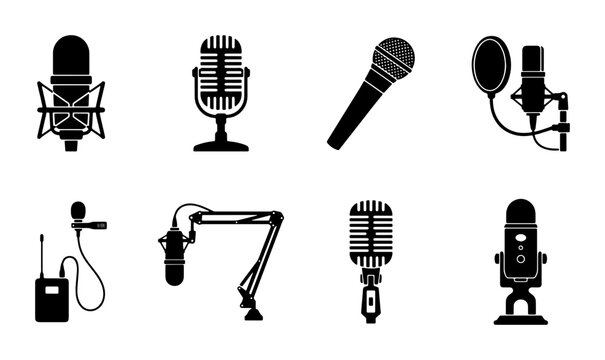Professional microphone icon set, 8 black vector microphone silhouettes, vintage and modern recording equipment for podcasting and broadcasting