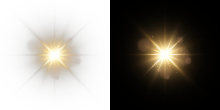 Png star light powered by sun and sharp sunlight rays in golden glow. Sparkle, sparks, dust, and bokeh shimmer with lens flare and starlight around starburst. Warm yellow light fills the scene