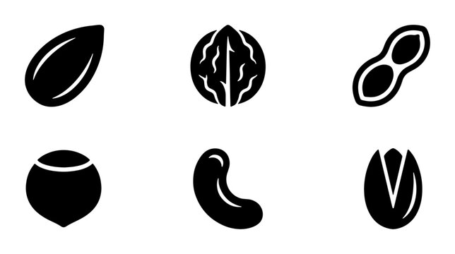 Minimalist nut icons set, black solid vector symbols of almond walnut peanut hazelnut cashew and pistachio, organic snack food collection