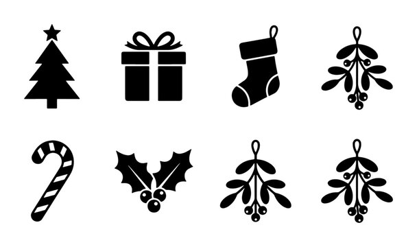 Minimalist Christmas icons set, black silhouette winter holiday symbols, 8 vector elements including mistletoe and holly for seasonal branding