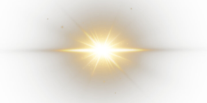 Abstract sunlight overlay with shimmering highlights and radiant rays. Golden glow effect with lens flares and magical energy on a transparent PNG background. 