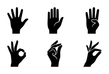 Obraz premium Minimalist hand gesture icons set, black silhouette human hand signs, flat vector palm and finger symbols for communication and UI design